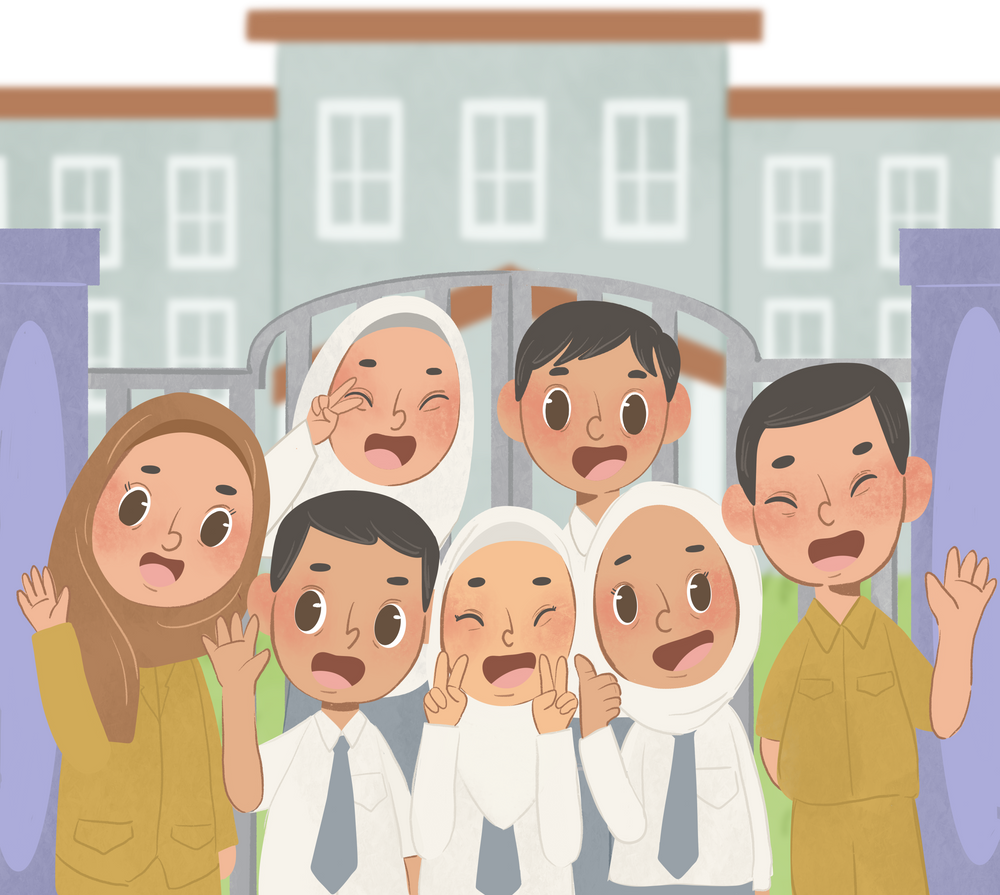 Guru Foto Bersama Dengan Murid Di Depan Gerbang Sekolah